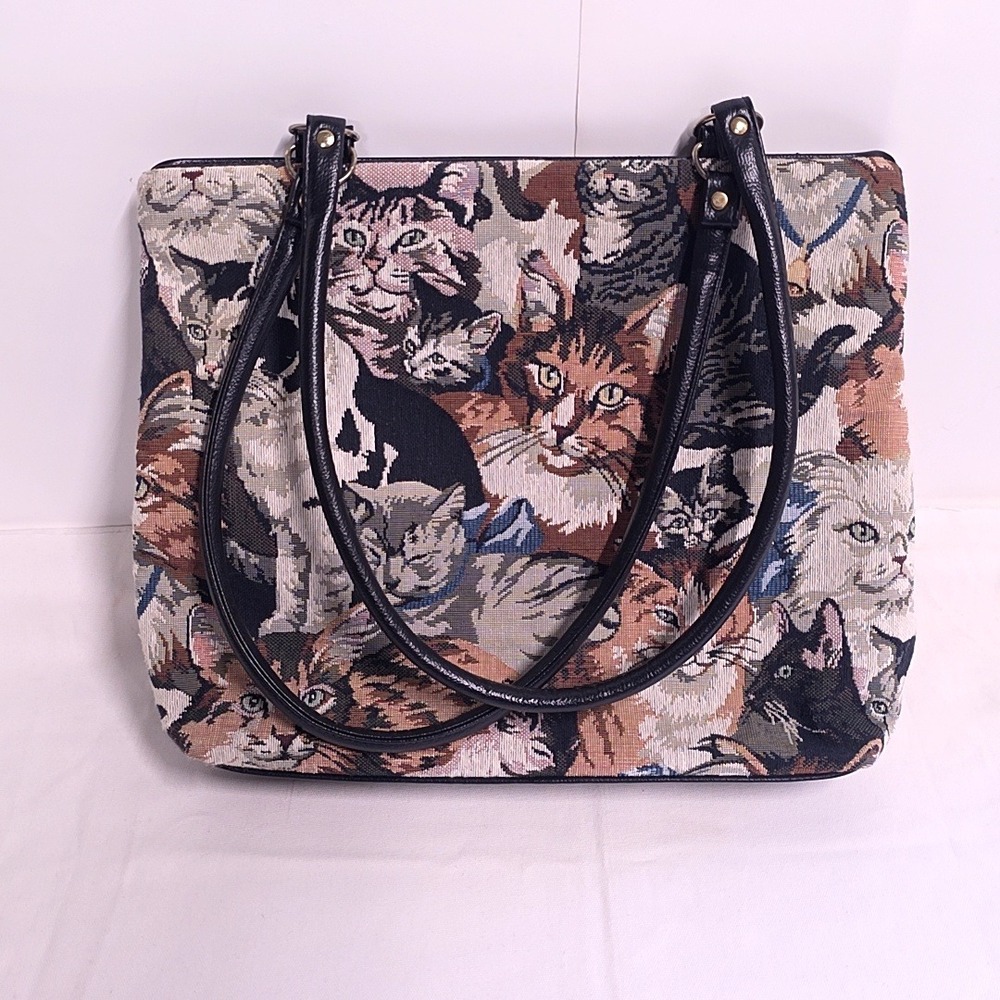 Vtg Unbranded Cat Tapestry Tote Bag Womens Large Multicolor Woven Kitten Print